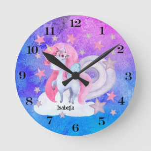 Cute Watercolour Rainbow Unicorn Personalised Round Clock