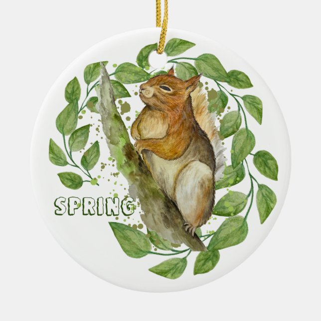 Cute watercolour squirrel ceramic tree decoration (Front)