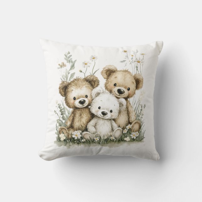 Cute Watercolour Teddy Bear group Cushion (Front)