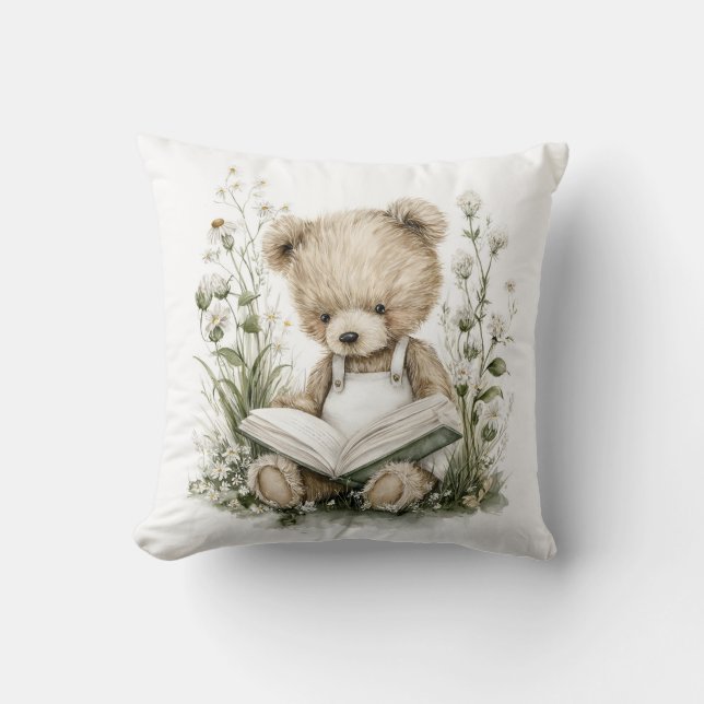 Cute Watercolour Teddy Bear reading a book Cushion (Front)