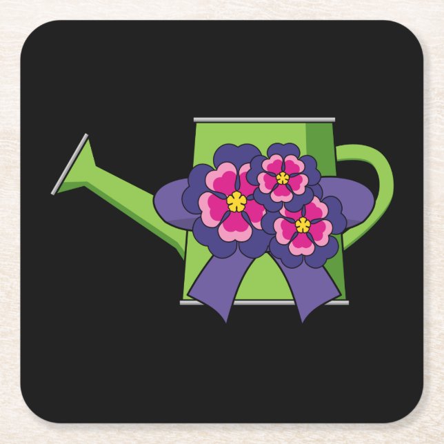 Cute Watering Can with Flowers Bouquet Square Paper Coaster (Front)