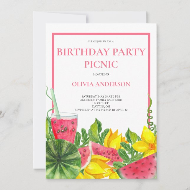 Cute Watermelon Birthday Party Picnic Invitation (Front)