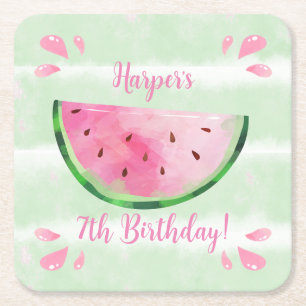 Cute Watermelon Birthday Party Square Paper Coaster