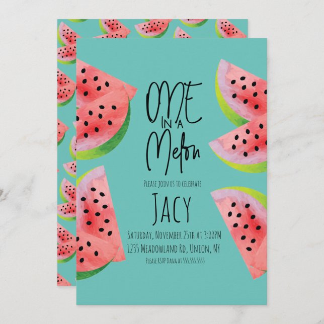 Cute Watermelon Birthday Watercolor Summer Party I Invitation (Front/Back)