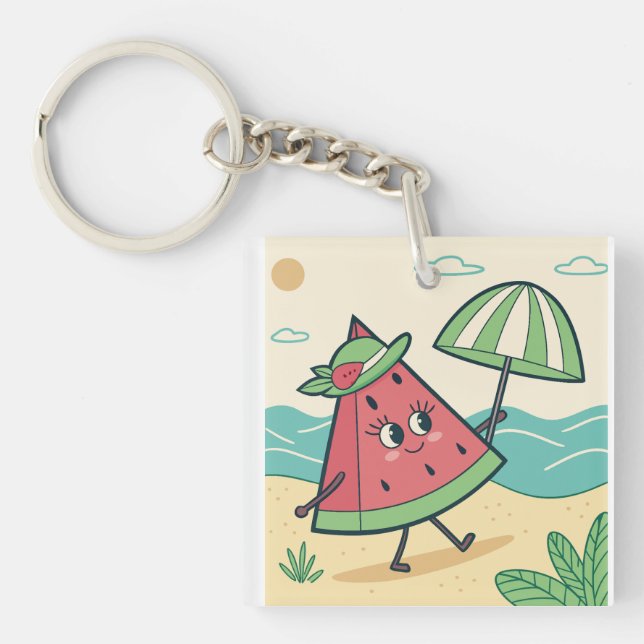 Cute Watermelon Character at the Beach – Keychain  (Front)