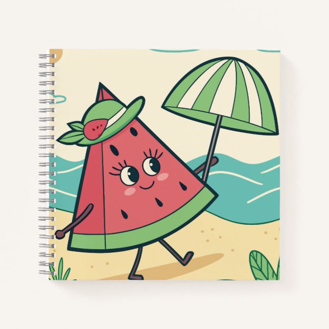 Cute Watermelon Character at the Beach – Notebook  (Front)