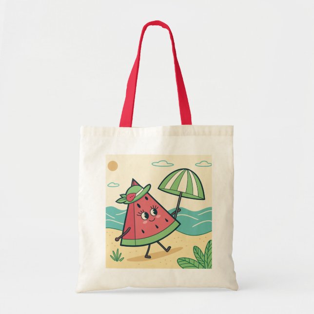 Cute Watermelon Character at the Beach – Tote Bag  (Front)
