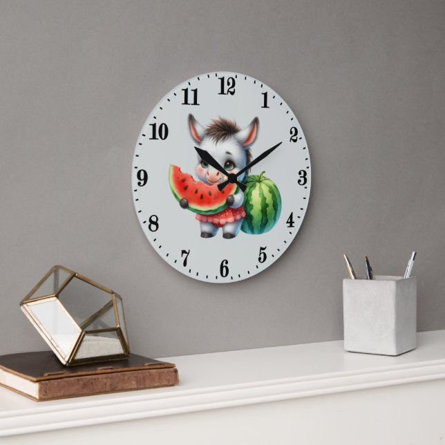 Cute watermelon lovers donkey large clock (Office)