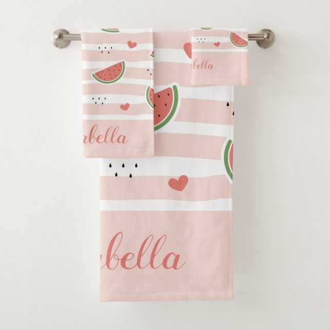 Cute Watermelon On Pink Stripes Pattern Personised Bath Towel Set (Insitu)