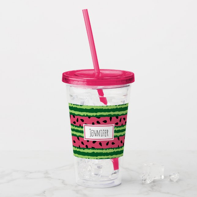 Cute Watermelon Pattern Pink & Green Acrylic Tumbler (Front Ice)