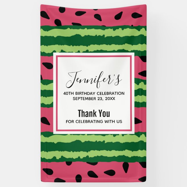 Cute Watermelon Pattern Pink & Green Birthday Banner (Vertical)