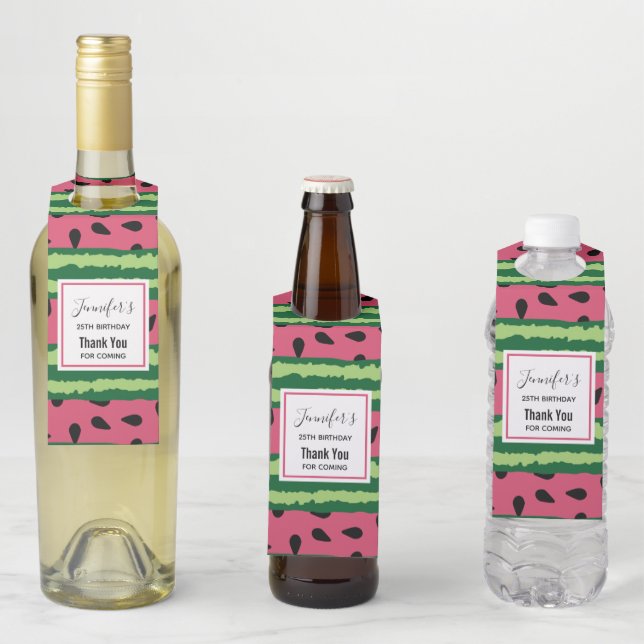 Cute Watermelon Pattern Pink & Green Birthday Bottle Tag (In Situ)