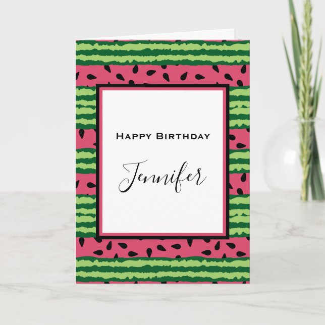 Cute Watermelon Pattern Pink & Green Birthday Card (Front)