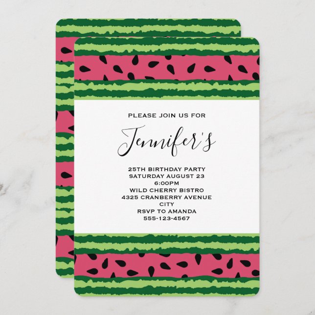 Cute Watermelon Pattern Pink & Green Birthday Invitation (Front/Back)