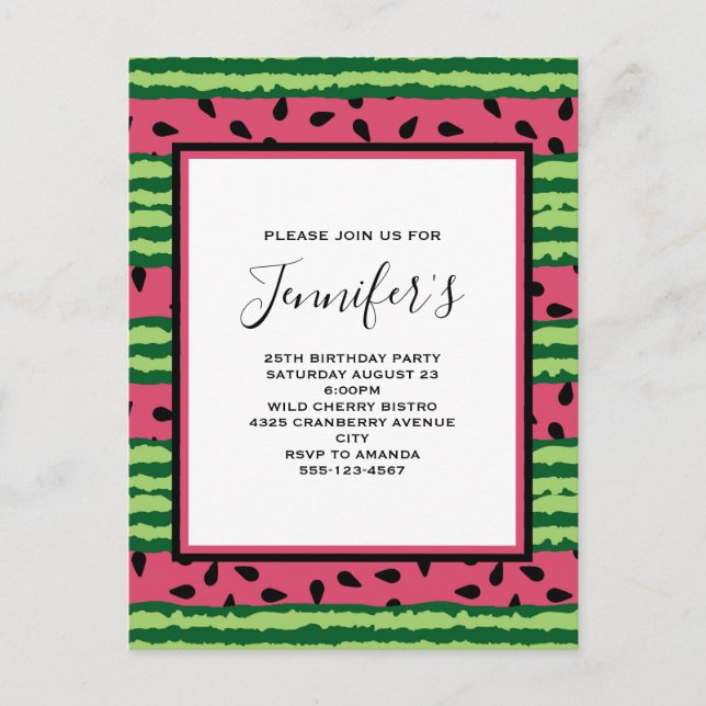 Cute Watermelon Pattern Pink & Green Birthday Invitation Postcard (Front)