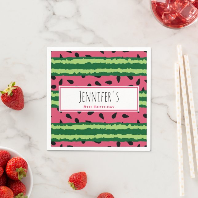 Cute Watermelon Pattern Pink & Green Birthday Napkin (Insitu)
