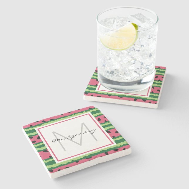 Cute Watermelon Pattern Pink & Green Monogram Stone Coaster (Side)
