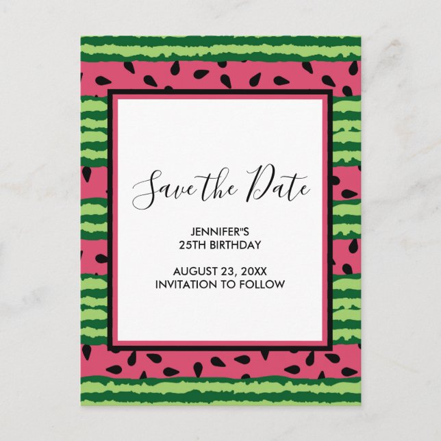 Cute Watermelon Pattern Pink & Green Save the Date Invitation Postcard (Front)
