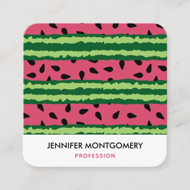 Cute Watermelon Pattern Pink & Green Square Business Card (Front)