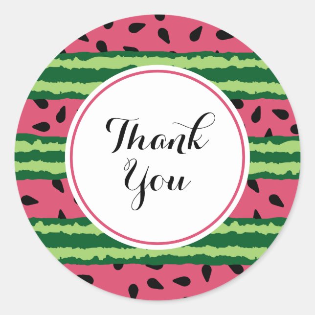 Cute Watermelon Pattern Pink & Green Thank You Classic Round Sticker (Front)