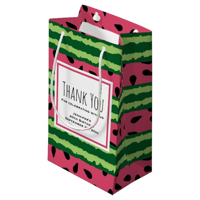 Cute Watermelon Pattern Pink & Green Thank You Small Gift Bag (Front Angled)
