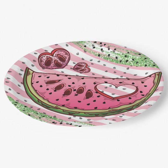 Cute Watermelon Pink Green Glitter Birthday Napkin Paper Plate (Angled)