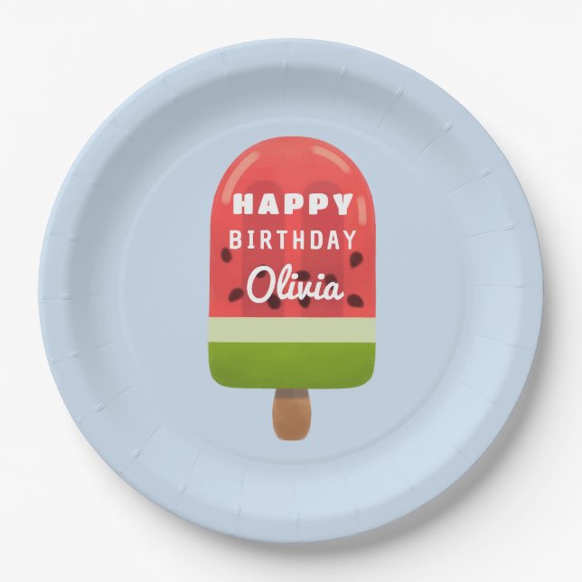 Cute Watermelon Popsicle Happy Birthday  Paper Plate (Front)