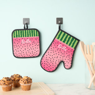 Cute Watermelon Rind and Seeds Personalised Oven Mitt & Pot Holder Set