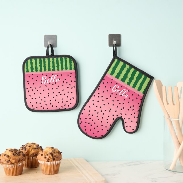 Cute Watermelon Rind and Seeds Personalised Oven Mitt & Pot Holder Set (Insitu(Hanging))