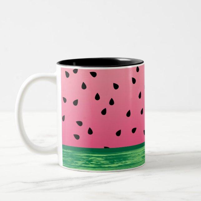 Cute Watermelon Seed Rind Pink Green Two-Tone Coffee Mug (Left)