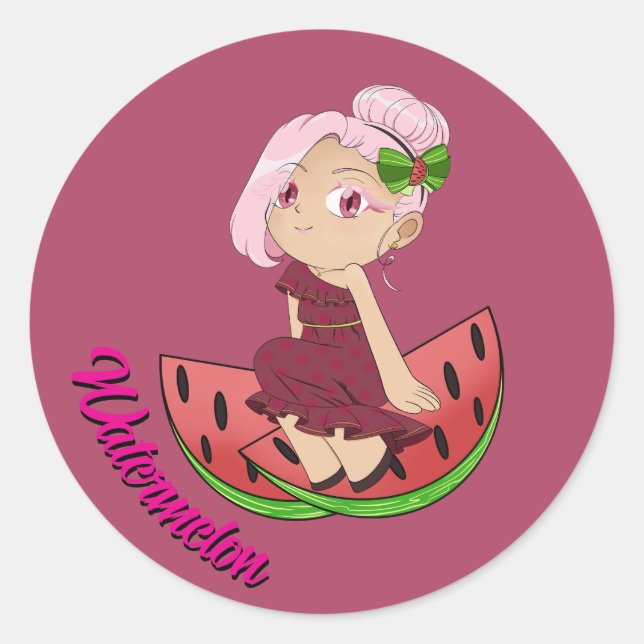 Cute Watermelon Theme Chibi with Sliced Melons Classic Round Sticker (Front)