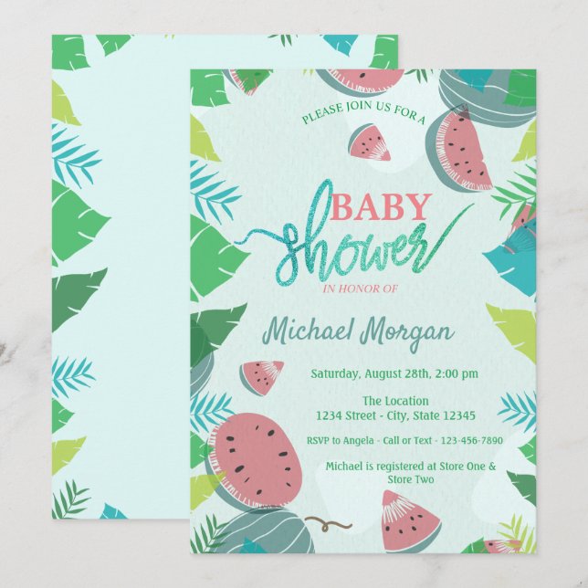 Cute Watermelon, Tropical Leaves  Baby Shower Invitation (Front/Back)