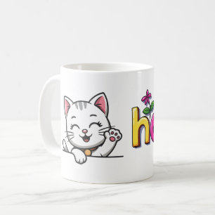 Cute Waving Cat Hello Colourful Retro Coffee Mug