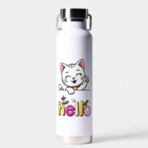 Cute Waving Cat Hello Colourful Retro Water Bottle