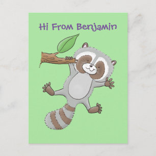 Cute waving racoon cartoon illustration postcard