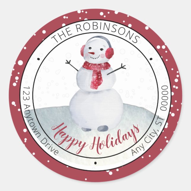 Cute Waving Snowman Happy Holidays Family Classic Round Sticker (Front)