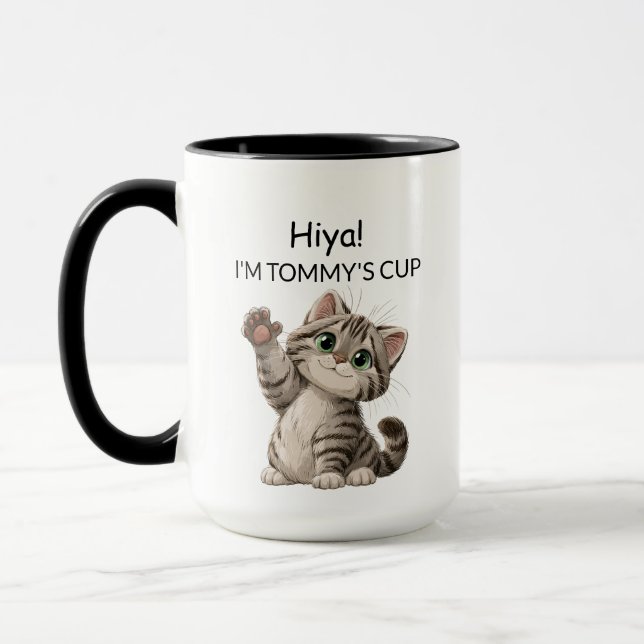 Cute Waving Tabby Kitten Cat Mug | Personalised (Left)
