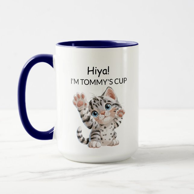 Cute Waving Tabby Kitten Cat Mug | Personalised (Left)
