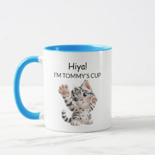 Cute Waving Tabby Kitten Cat Mug Personalised