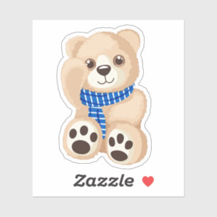 Cute Waving Teddy Bear with Blue Plaid Scarf