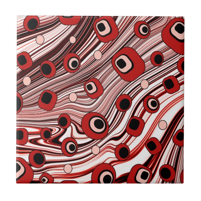 Cute Wavy Retro Groovy Art with Black and Red  Tile (Front)