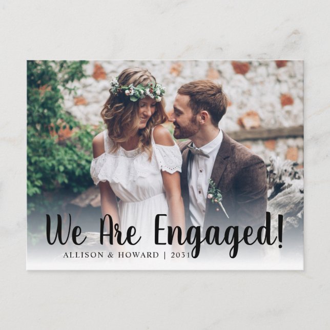 Cute We Are Engaged Photo Script Engagement Party Announcement Postcard (Front)