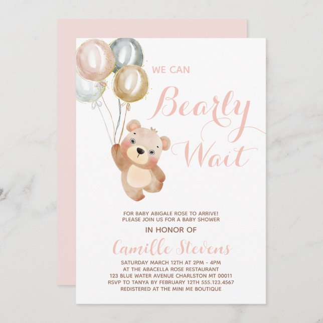 Cute We Can Bearly Wait Bear Baby Shower Girl Invitation (Front/Back)