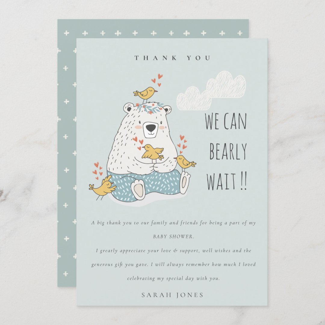 Cute We Can Bearly Wait Bear Birds Baby Shower Thank You Card Zazzle