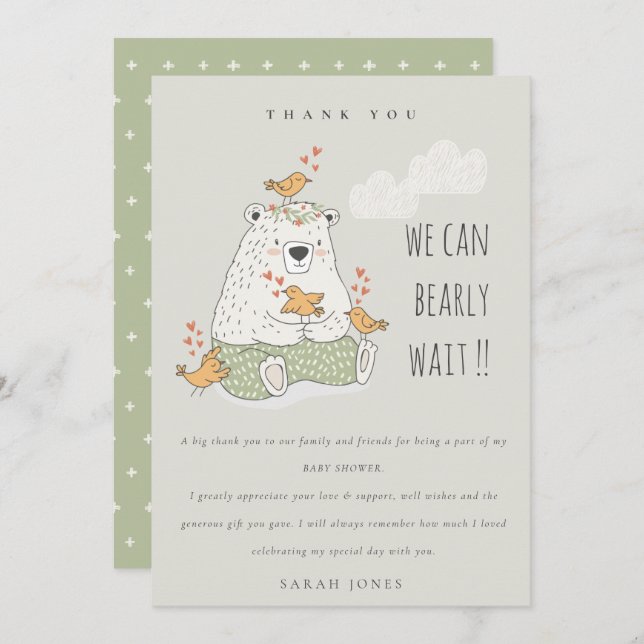 Cute We Can Bearly Wait Bear Birds Baby Shower Thank You Card (Front/Back)