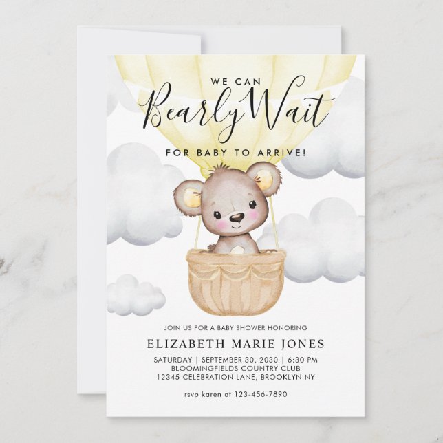 Cute We Can Bearly Wait Yellow Balloon Baby Shower Invitation (Front)