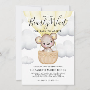 Cute We Can Bearly Wait Yellow Balloon Baby Shower Invitation