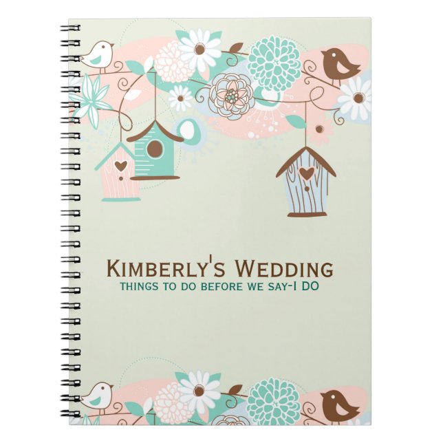 Cute Wedding Birds, Bird Feeders & Flowers Notebook (Front)