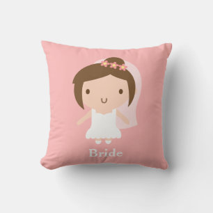 Cute Wedding Bride Girl in White Gown Bedroom Cushion