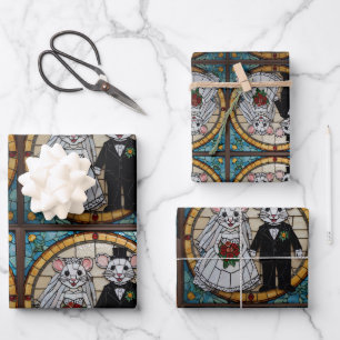 Cute Wedding Bunny Couple Holding Hands Mosaic Wrapping Paper Sheet